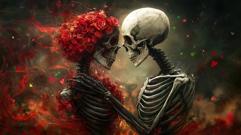 Two skeletal lovers embraced amid red roses and hearts.
