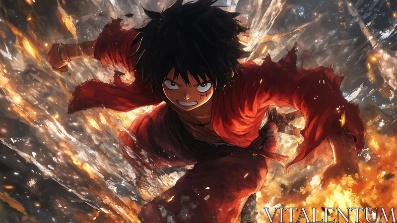 Fire-laced anime warrior hurtles through molten chaos sky.