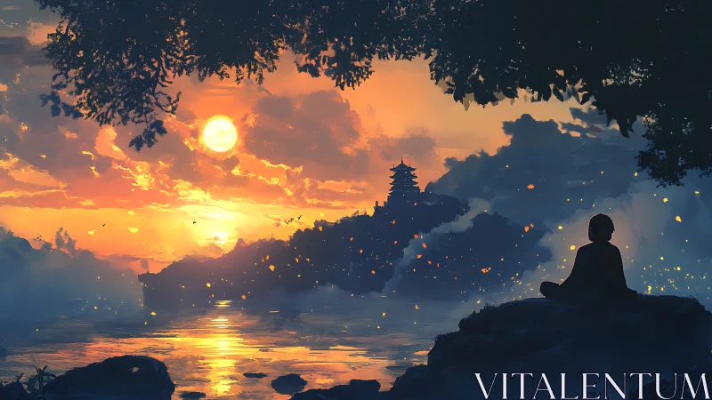 Monk meditates by luminous sunset lake, distant pagoda