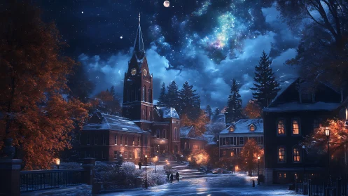 Clock tower and town square under night sky with stars.