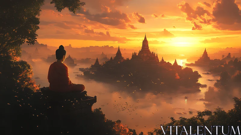 Meditating monk overlooking pagoda valley at luminous sunset