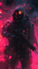 Hooded cyborg soldier stands in red smoke with rifle raised