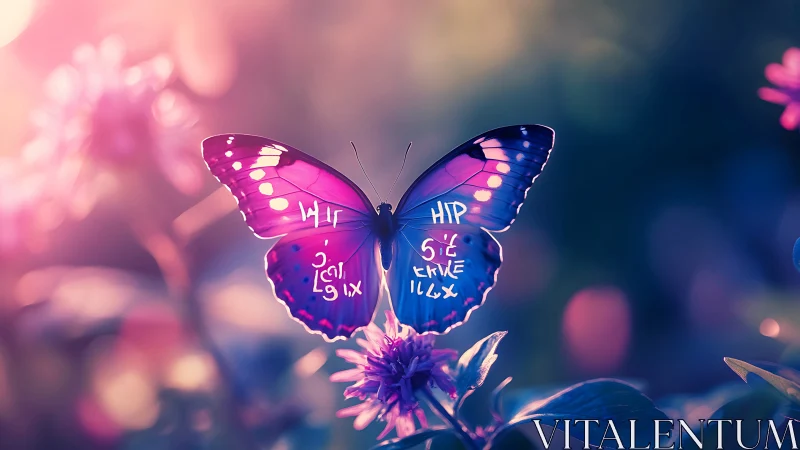 Luminescent glyph butterfly over dreamy floral bokeh.