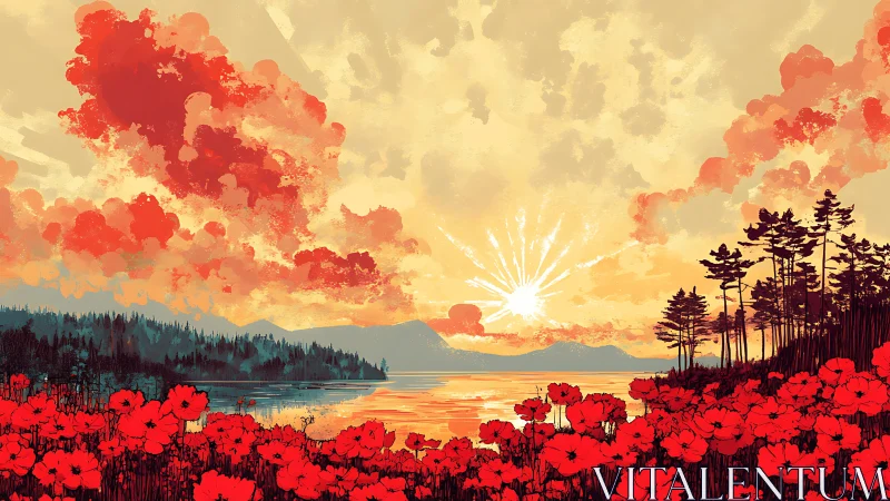 Radiant sunset ignites red poppy coast in vivid bloom
