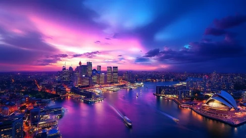 Vivid harbor city skyline under neon dusk sky glow.