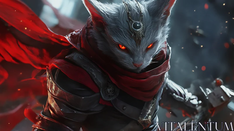 Armored feline warrior with glowing eyes in dynamic red cloak