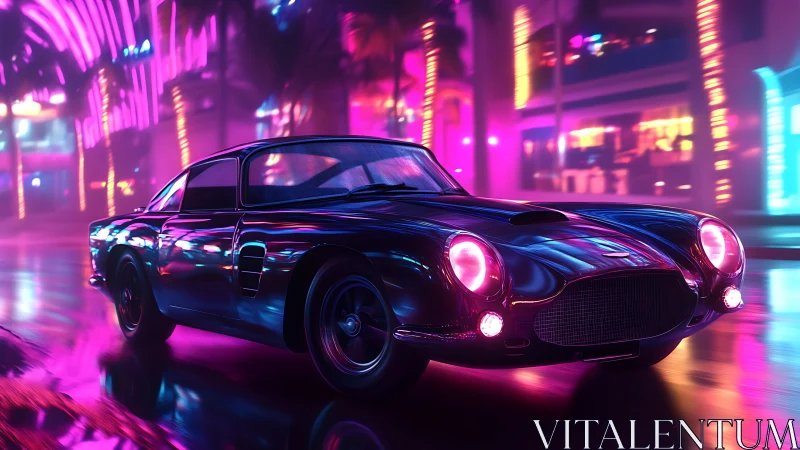 Neon drenched classic coupe slices through electric midnight