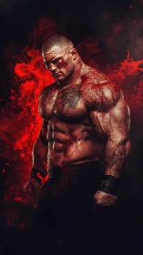 Scarred titan exhales fury in a storm of molten crimson smoke