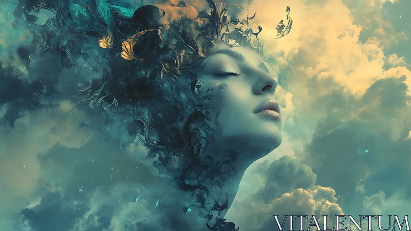 Surreal skybound portrait with dissolving dreamlike face.