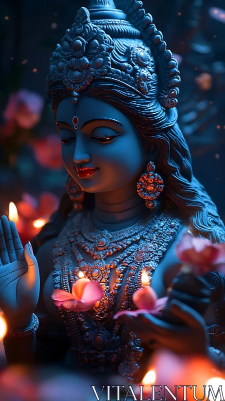 Blue-toned goddess statue with candles and flower petals.
