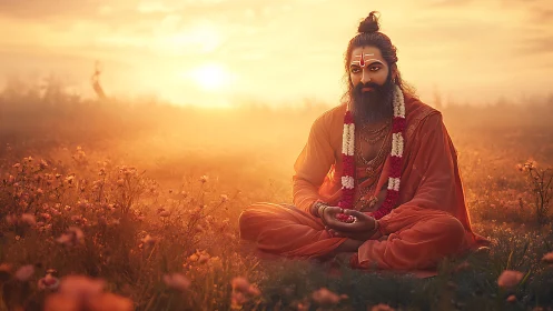 Seated monk meditates in orange robes at warm sunset field