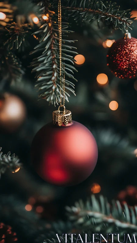 Warm red ornament glows softly on a cozy Christmas tree