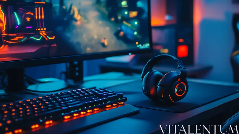 RGB gaming desk setup glows with neon peripheral lighting.