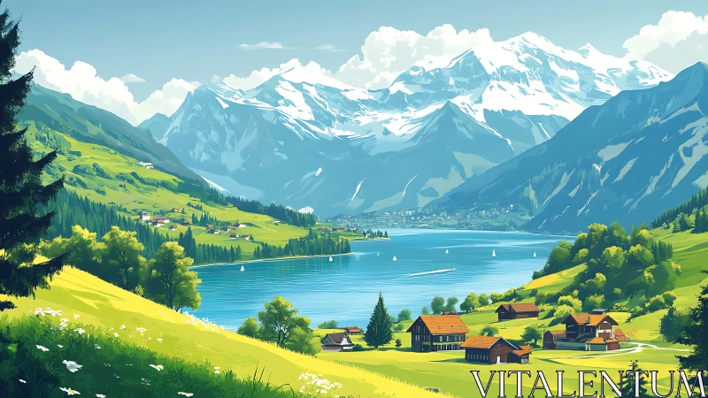Sunlit alpine lake valley with chalets and snowcapped massif