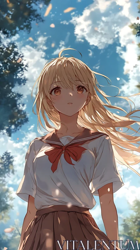 Sunlit schoolgirl standing beneath a bright, drifting sky.