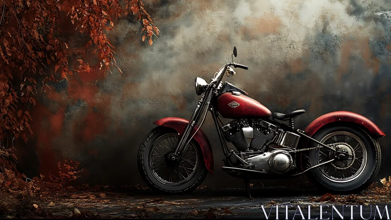 Vintage red hardtail bobber motorcycle against mottled wall