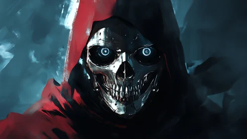 Hooded metallic skull stares forward with glowing eyes