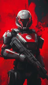 Digital painting of armored sci-fi soldier on crimson field.
