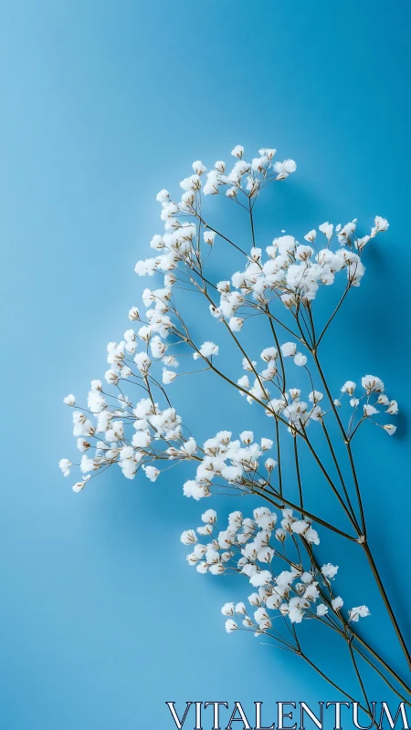 Delicate white baby's breath flowers against vivid cerulean background