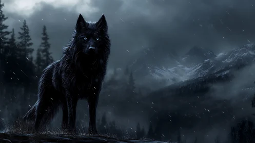 Lone midnight wolf standing watch over stormy mountainscape.