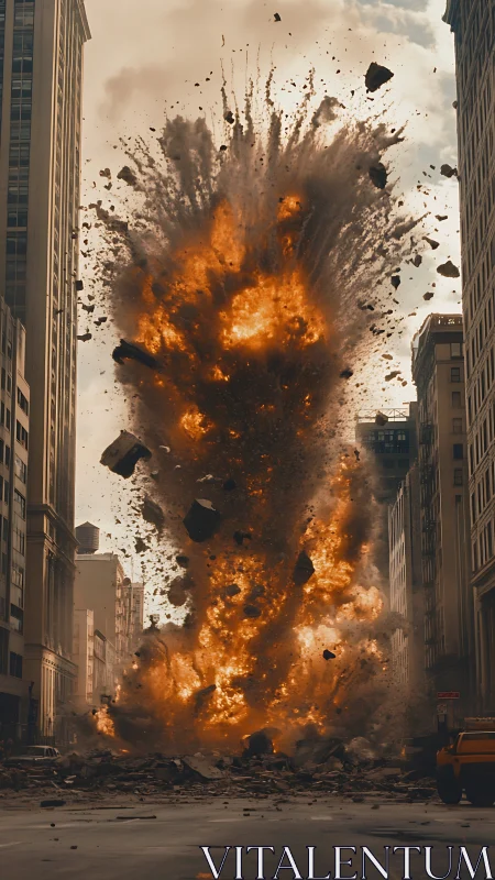 Roaring firestorm erupts between city towers in mid-blast.