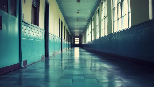 Empty teal hospital corridor under cool fluorescent light.