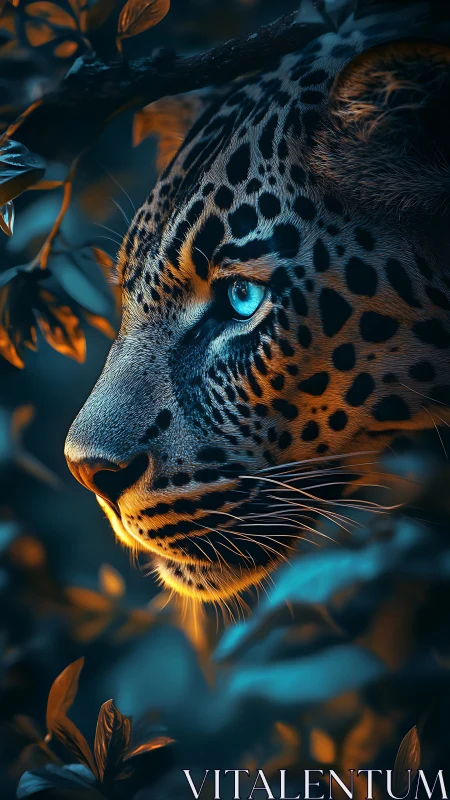 Leopard profile rendered in dramatic teal and orange lighting
