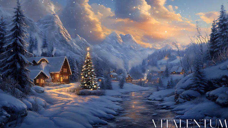 Cozy winter cabins glowing beside a sparkling snowy river.