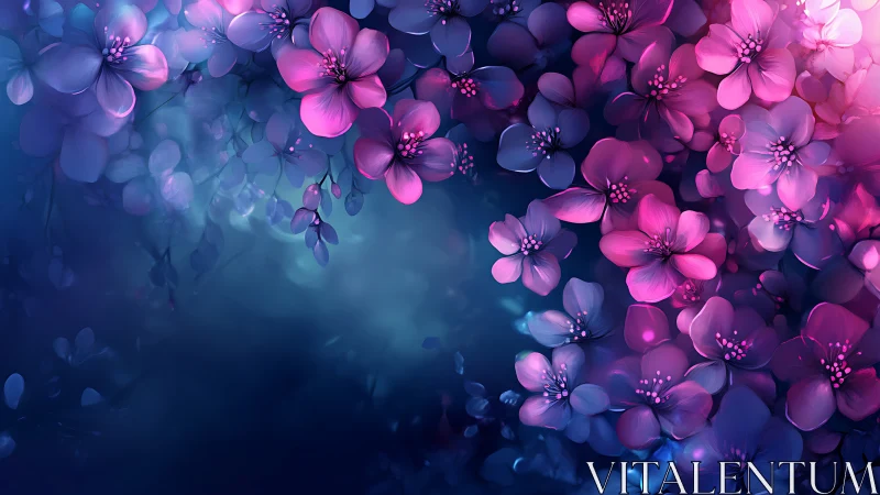 Luminous Pink and Blue Flowers Dance in Dreamy Light