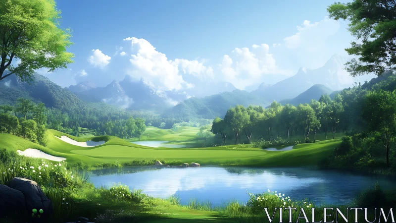 Sunlit golf fairways cradle a tranquil mirror-blue lake.