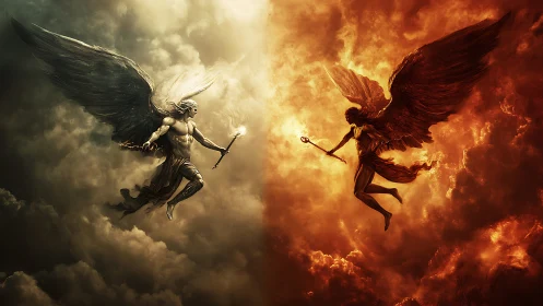 Dual celestial warriors in divided storm-lit atmospheric sky