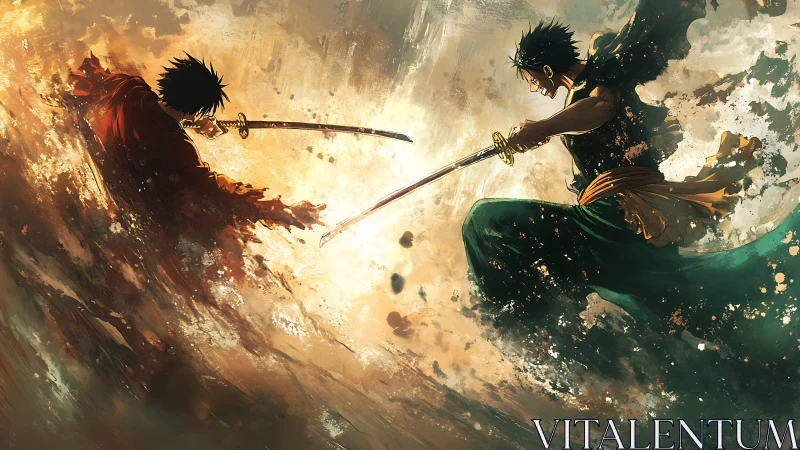 Dueling stormblades carve light through a painted maelstrom.