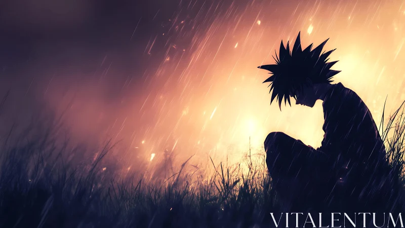 Silhouetted anime figure in rain against bright dusk sky.