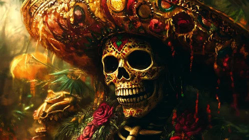 Ornate calavera skeleton in gilded sombrero under warm spectral light
