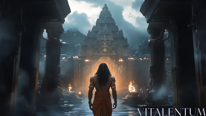 Cinematic backlit warrior before monumental temple gateway