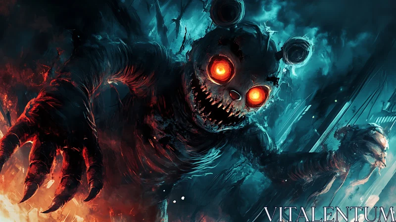 Demonic animatronic bear lunges forward with burning orange eyes