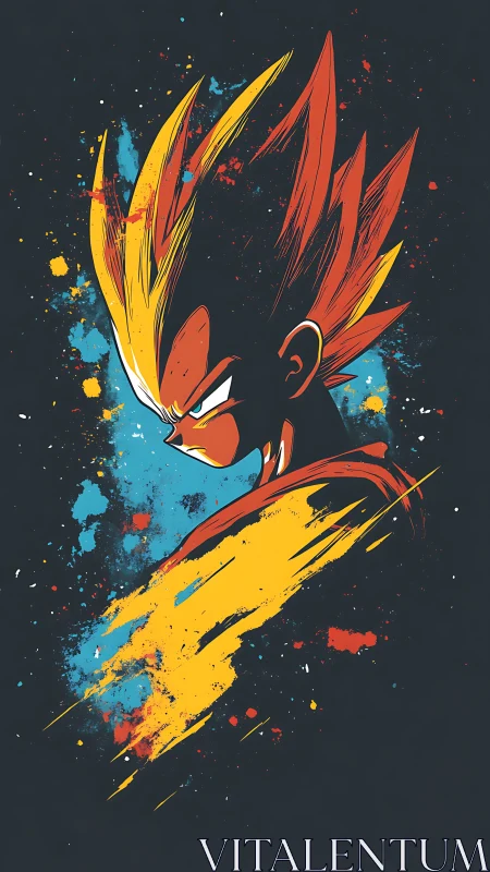 Fiery anime warrior portrait with splatter energy strokes.