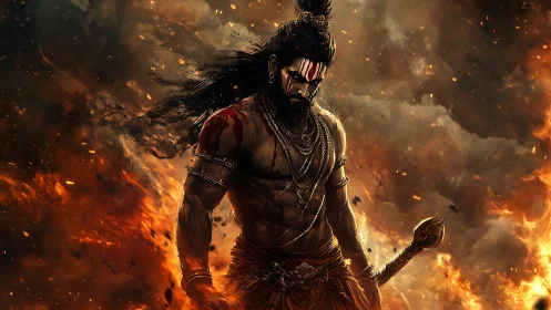 Fiery warrior sage strides through swirling storm of flames