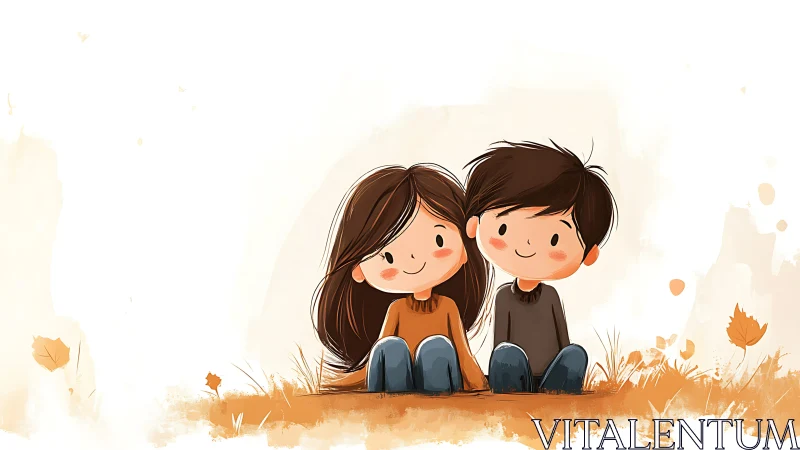 Two children sitting together in autumn field.