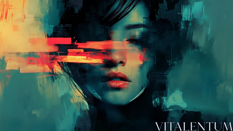 Softly blurred portrait in streaks of teal and ember light.