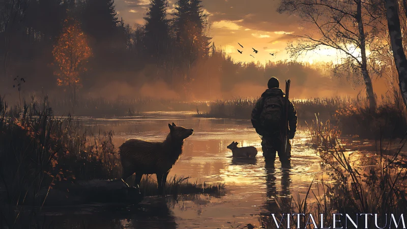 Backlit wetland tracker with canine pair in autumn dusk glow.