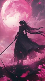 Moonlit swordswoman stands beneath a vast crimson sky.