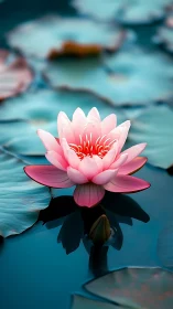Soft neon lotus dreaming on moonlit glassy water.