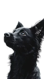 Black dog profile portrait on high key white background.