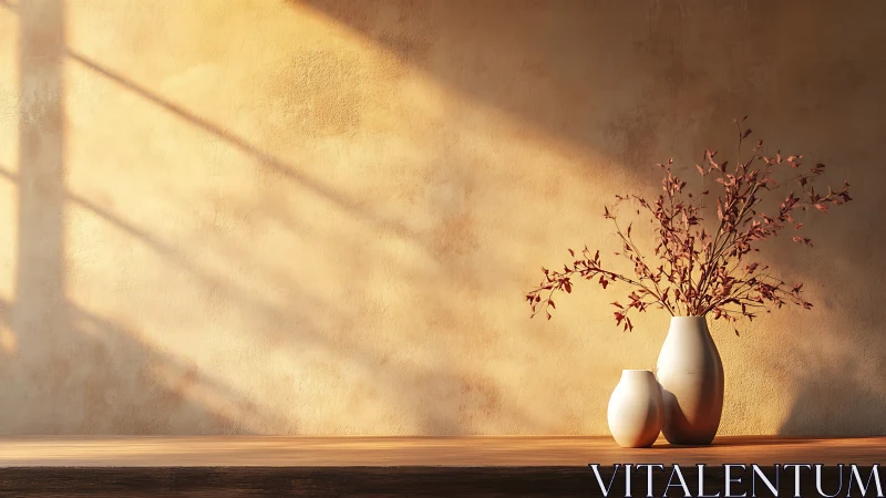 Sunlit ceramic vases stand on wooden surface by textured wall
