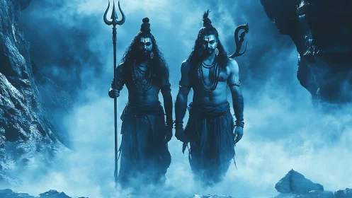 Twin warrior ascetics emerging through mystical blue fog.