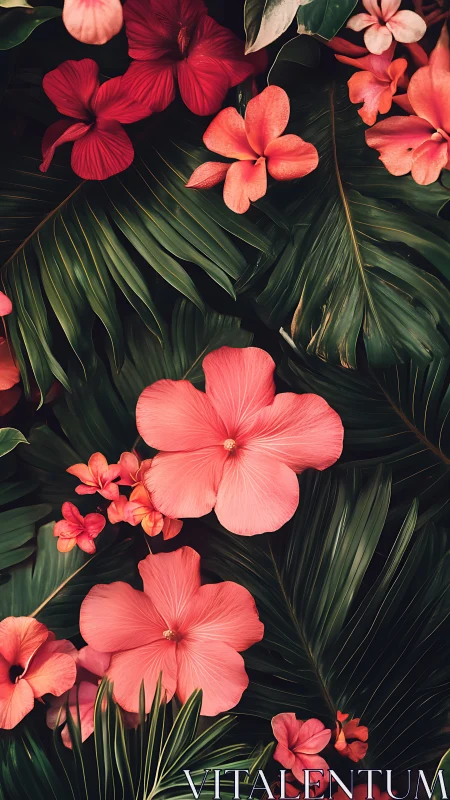 Tropical Hibiscus and Palm Foliage on Dark Background.