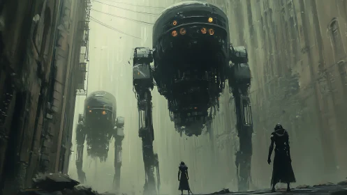 Foggy city standoff with towering, lantern-eyed mechs.