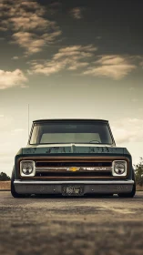 Lowered vintage Chevrolet pickup truck sits on open road