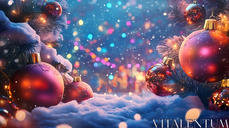 Snowy Christmas ornaments with glowing holiday lights.